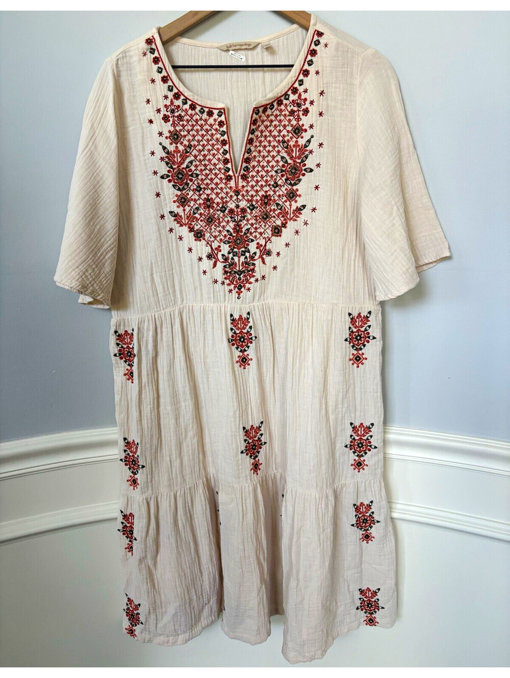 Embroidered Crinkle Gauze Tiered Boho Shift Dress Size Large